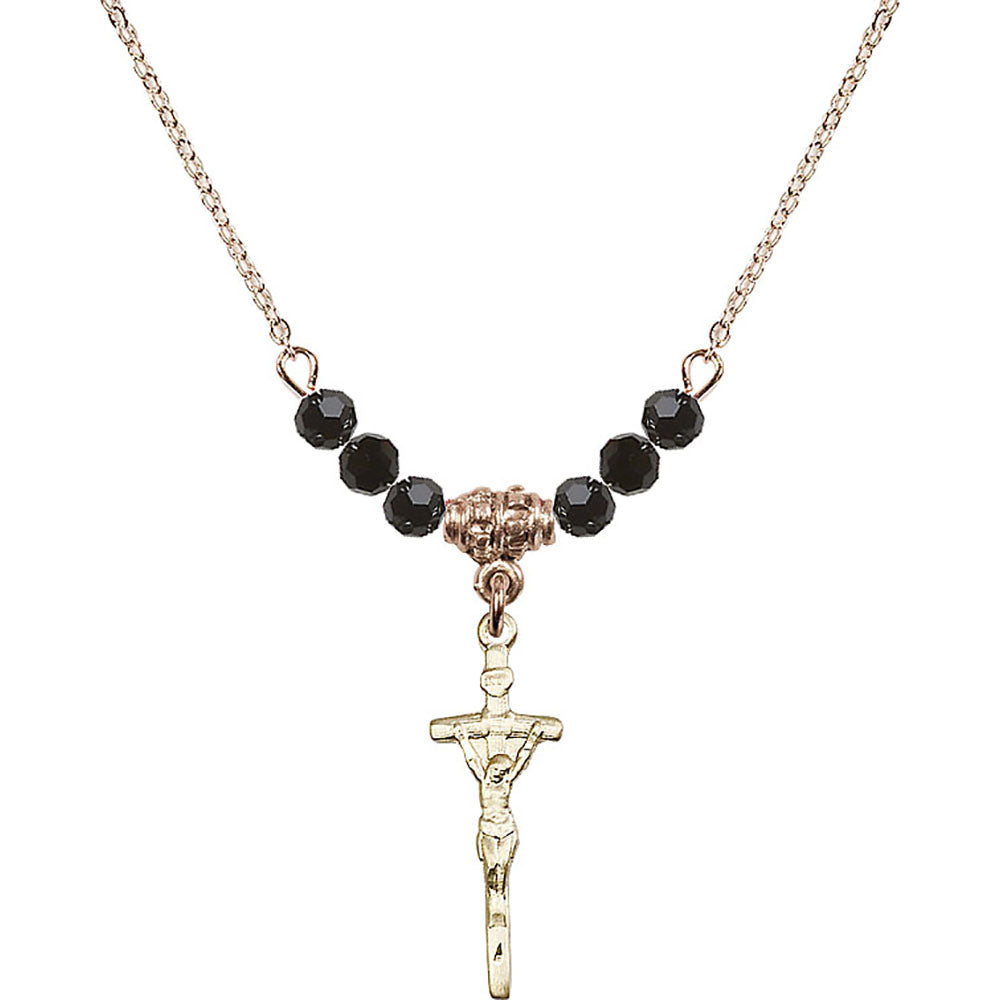 14kt Gold Filled Papal Crucifix Birthstone Necklace with Jet Beads - 0563