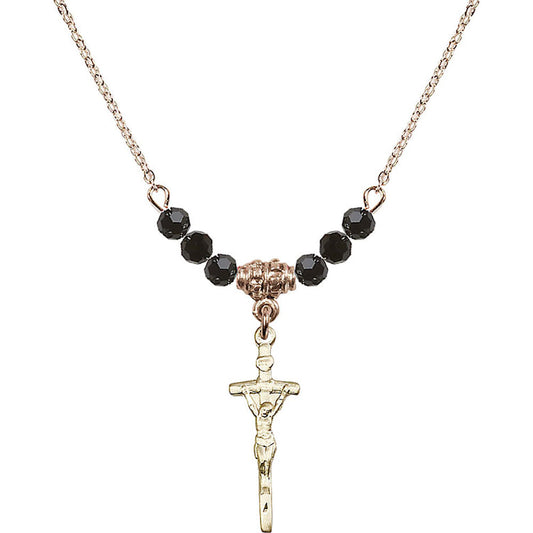 14kt Gold Filled Papal Crucifix Birthstone Necklace with Jet Beads - 0563