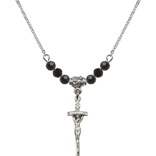Sterling Silver Papal Crucifix Birthstone Necklace with Jet Beads - 0563