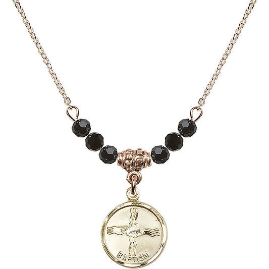 14kt Gold Filled Baptism Birthstone Necklace with Jet Beads - 0601