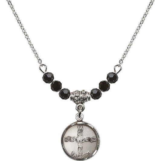 Sterling Silver Baptism Birthstone Necklace with Jet Beads - 0601