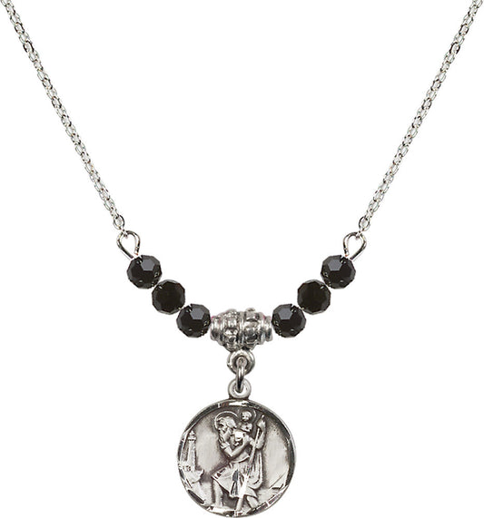 Sterling Silver Saint Christopher Birthstone Necklace with Jet Beads - 0601