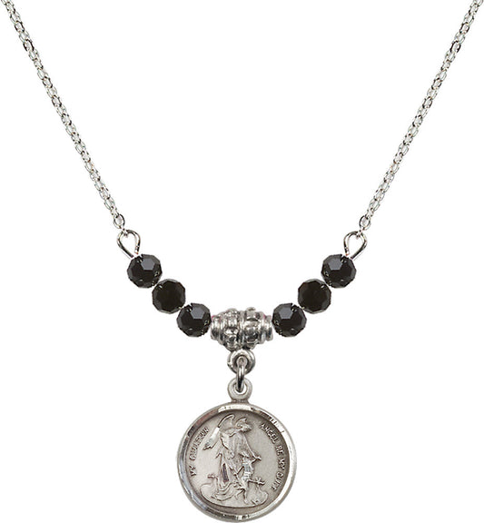 Sterling Silver Guardian Angel Birthstone Necklace with Jet Beads - 0601