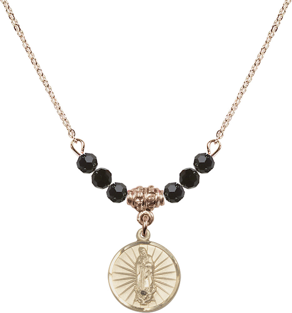 14kt Gold Filled Our Lady of Guadalupe Birthstone Necklace with Jet Beads - 0601
