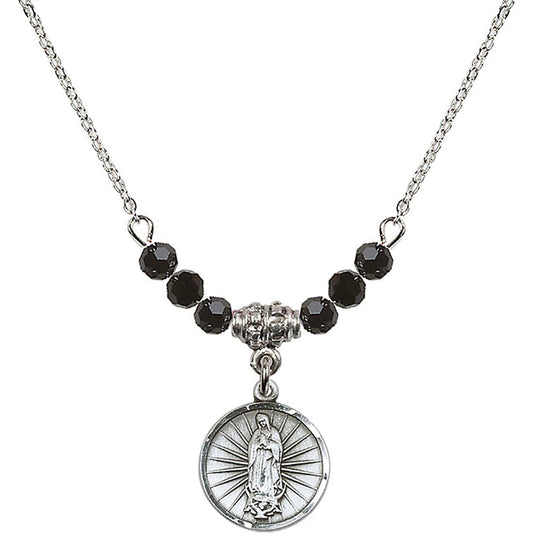 Sterling Silver Our Lady of Guadalupe Birthstone Necklace with Jet Beads - 0601