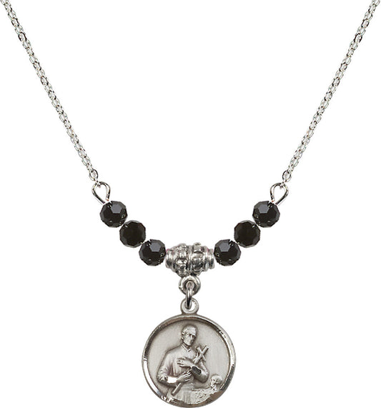 Sterling Silver Saint Gerard Birthstone Necklace with Jet Beads - 0601