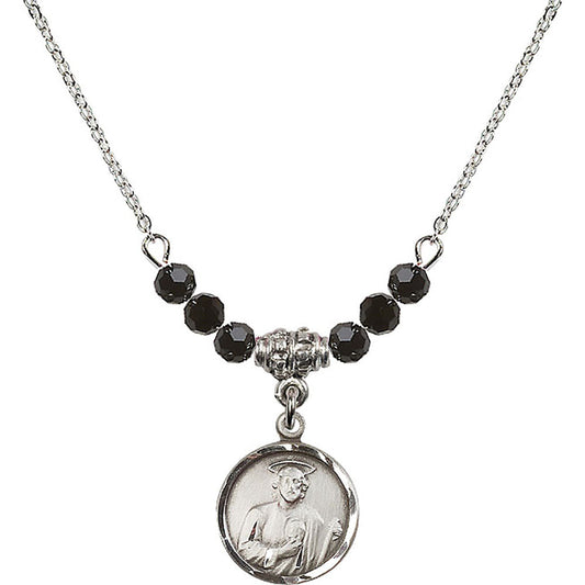 Sterling Silver Saint Jude Birthstone Necklace with Jet Beads - 0601