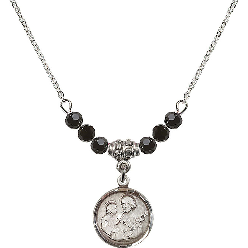 Sterling Silver Saint Joseph Birthstone Necklace with Jet Beads - 0601