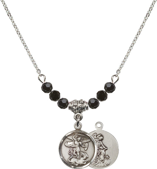 Sterling Silver Saint Michael the Archangel Birthstone Necklace with Jet Beads - 0601