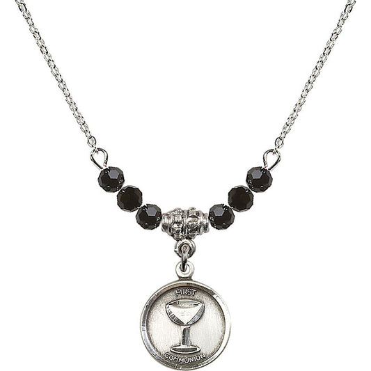 Sterling Silver Communion Birthstone Necklace with Jet Beads - 0601