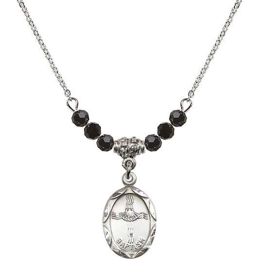 Sterling Silver Baptism Birthstone Necklace with Jet Beads - 0612