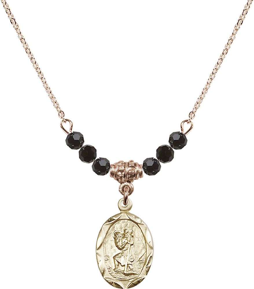 14kt Gold Filled Saint Christopher Birthstone Necklace with Jet Beads - 0612