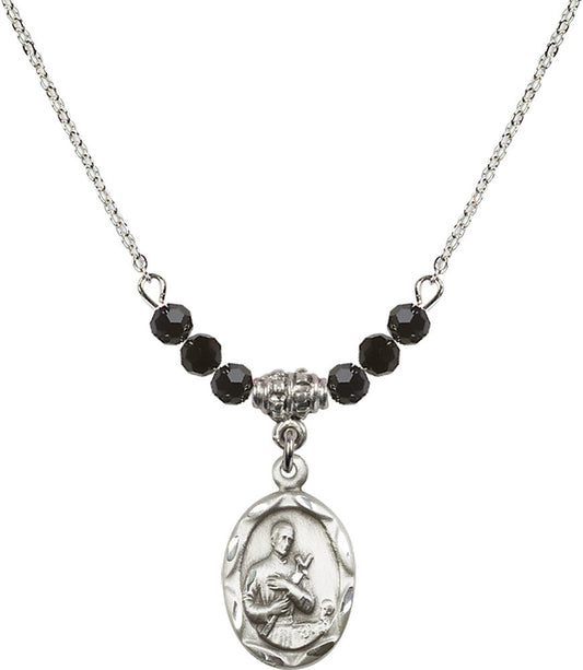 Sterling Silver Saint Gerard Birthstone Necklace with Jet Beads - 0612