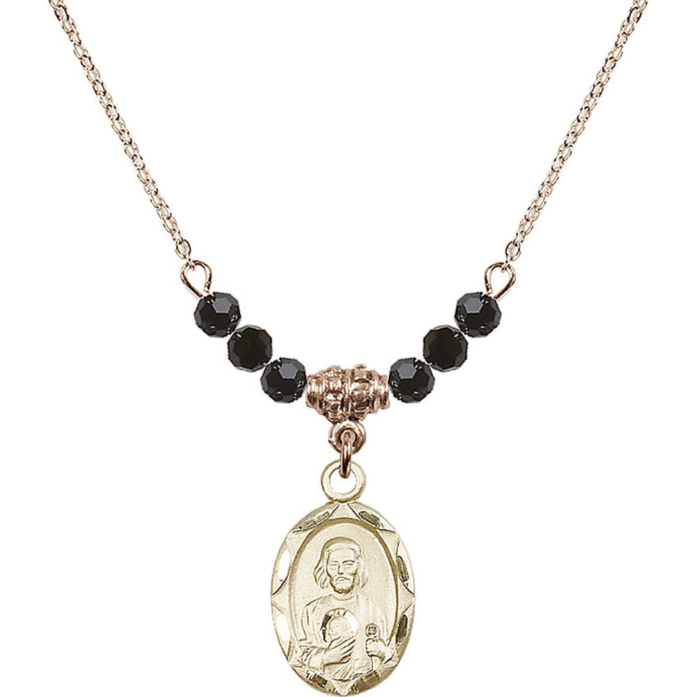 14kt Gold Filled Saint Jude Birthstone Necklace with Jet Beads - 0612