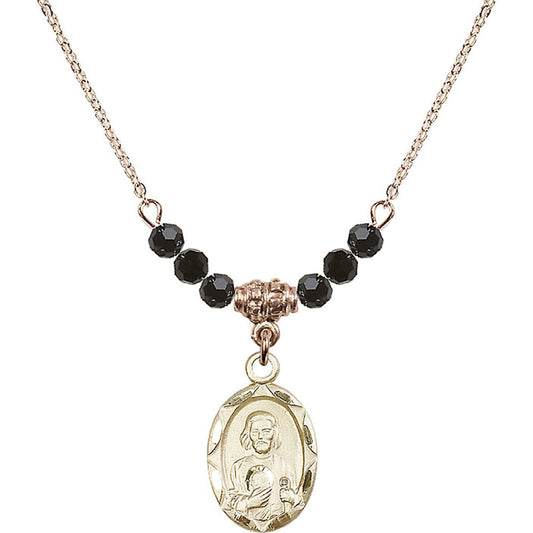 14kt Gold Filled Saint Jude Birthstone Necklace with Jet Beads - 0612