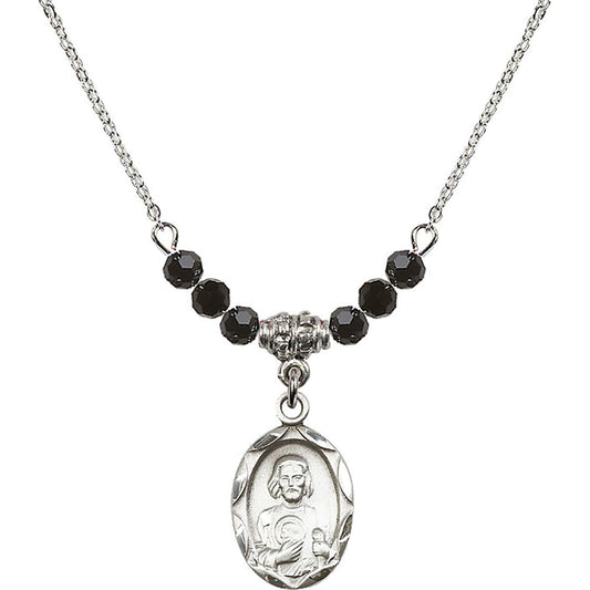 Sterling Silver Saint Jude Birthstone Necklace with Jet Beads - 0612