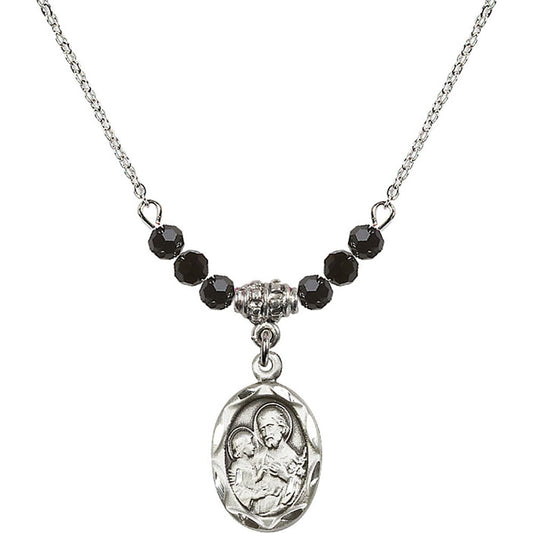 Sterling Silver Saint Joseph Birthstone Necklace with Jet Beads - 0612