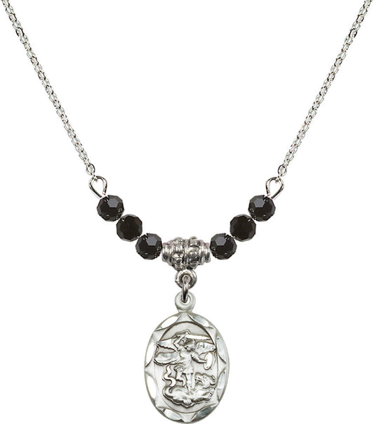 Sterling Silver Saint Michael the Archangel Birthstone Necklace with Jet Beads - 0612