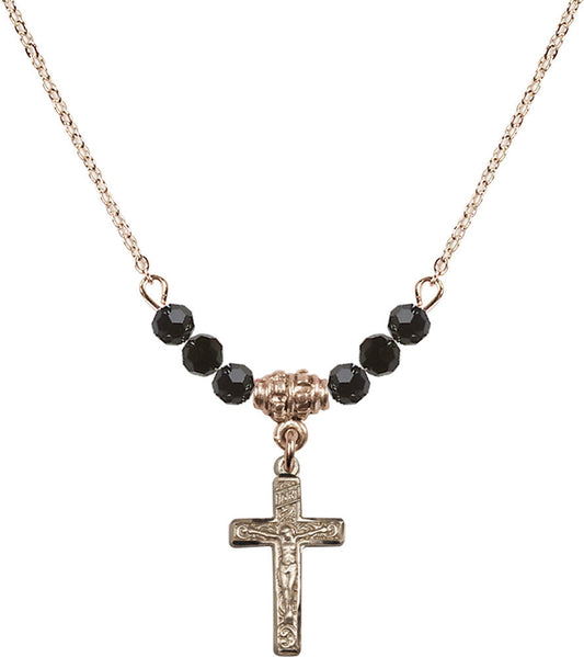 14kt Gold Filled Crucifix Birthstone Necklace with Jet Beads - 0672