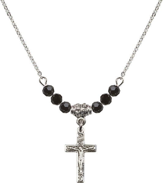 Sterling Silver Crucifix Birthstone Necklace with Jet Beads - 0672