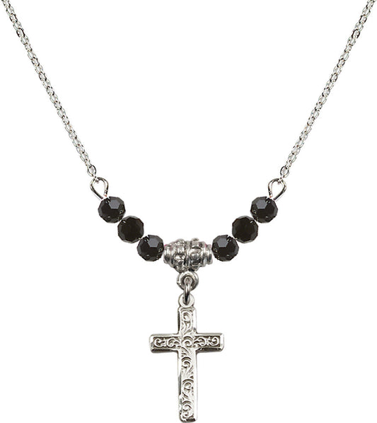 Sterling Silver Cross Birthstone Necklace with Jet Beads - 0672