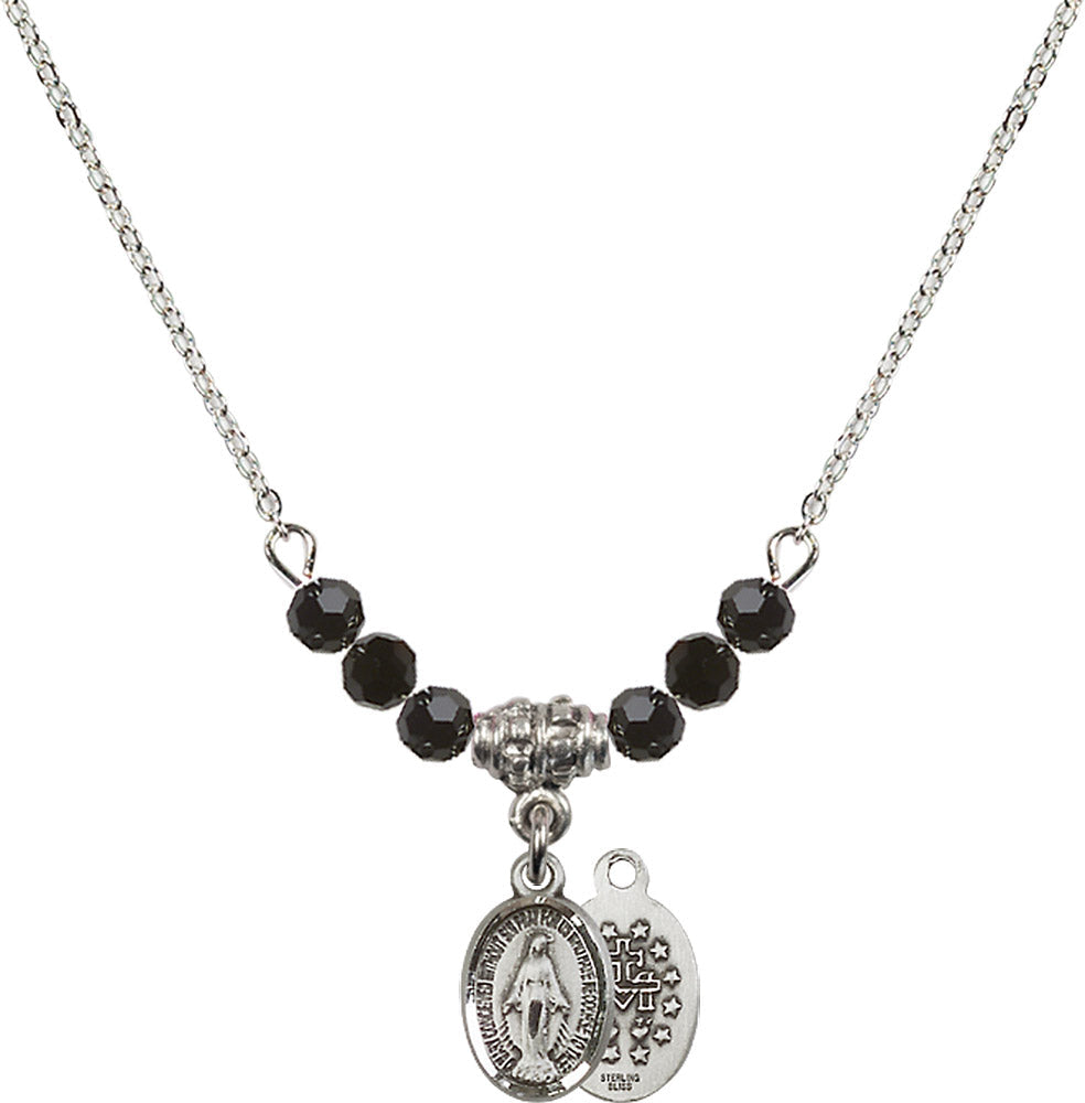 Sterling Silver Miraculous Birthstone Necklace with Jet Beads - 0702