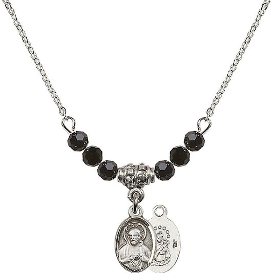 Sterling Silver Scapular Birthstone Necklace with Jet Beads - 0702