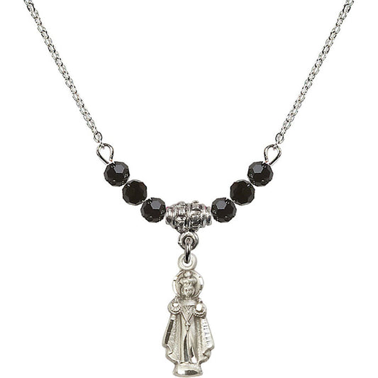 Sterling Silver Infant of Prague Birthstone Necklace with Jet Beads - 0823