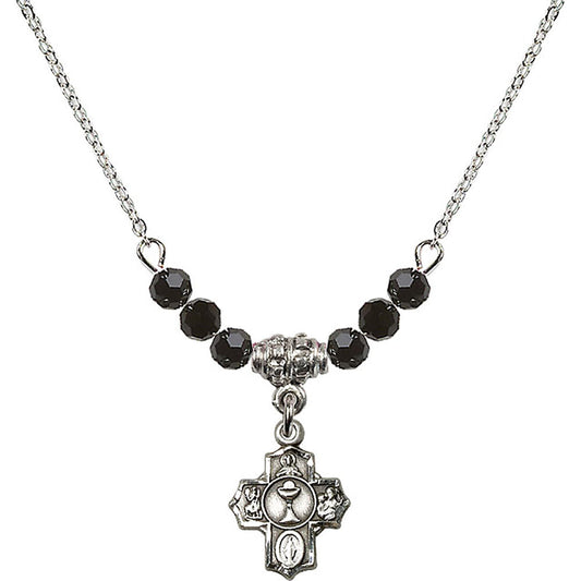 Sterling Silver Communion 5-Way Birthstone Necklace with Jet Beads - 0890