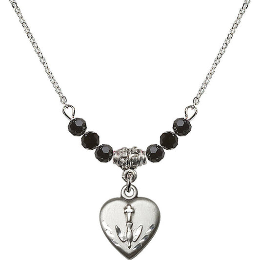 Sterling Silver Heart / Confirmation Birthstone Necklace with Jet Beads - 0891