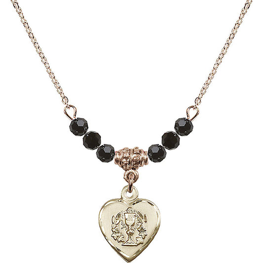 14kt Gold Filled Heart / Communion Birthstone Necklace with Jet Beads - 0892