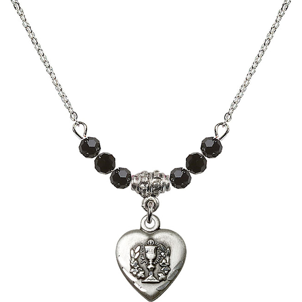 Sterling Silver Heart / Communion Birthstone Necklace with Jet Beads - 0892