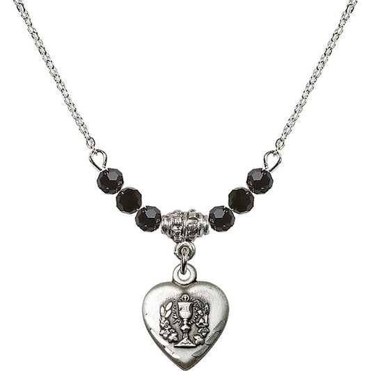 Sterling Silver Heart / Communion Birthstone Necklace with Jet Beads - 0892
