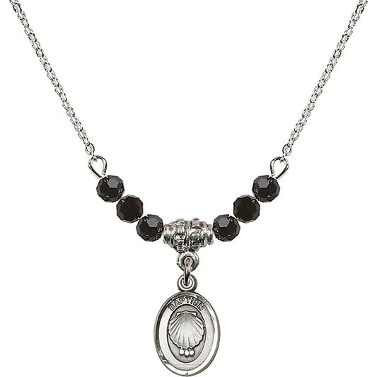 Sterling Silver Baptism Birthstone Necklace with Jet Beads - 0974