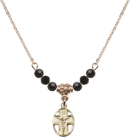 14kt Gold Filled Crucifix Birthstone Necklace with Jet Beads - 0978