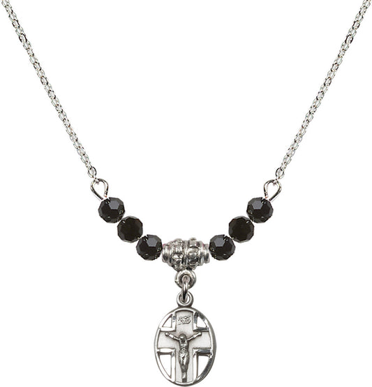 Sterling Silver Crucifix Birthstone Necklace with Jet Beads - 0978