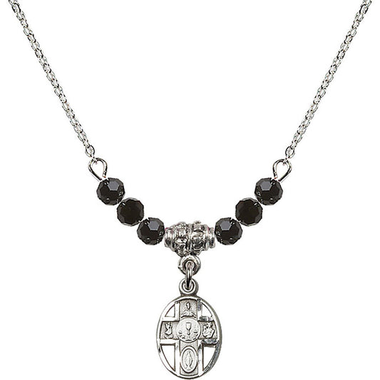 Sterling Silver 5-Way / Chalice Birthstone Necklace with Jet Beads - 0979