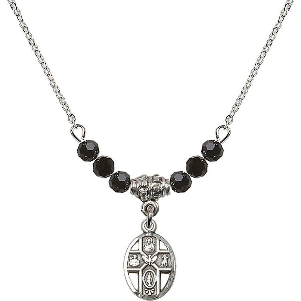 Sterling Silver 5-Way Birthstone Necklace with Jet Beads - 0980