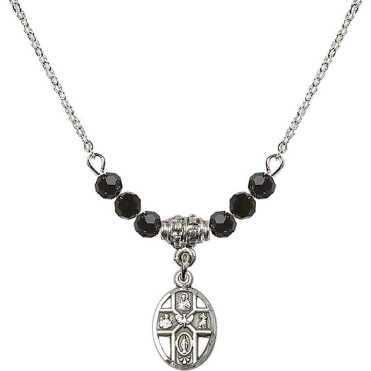 Sterling Silver 5-Way Birthstone Necklace with Jet Beads - 0980