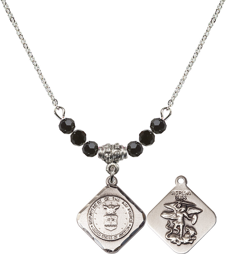 Sterling Silver Air Force Diamond Birthstone Necklace with Jet Beads - 1180