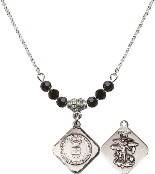 Sterling Silver Air Force Diamond Birthstone Necklace with Jet Beads - 1180
