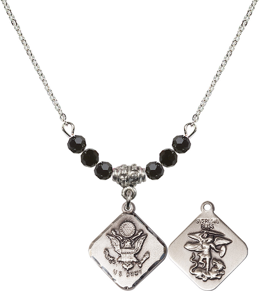 Sterling Silver Army Diamond Birthstone Necklace with Jet Beads - 1180