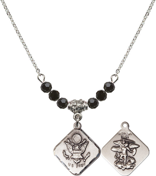 Sterling Silver Army Diamond Birthstone Necklace with Jet Beads - 1180