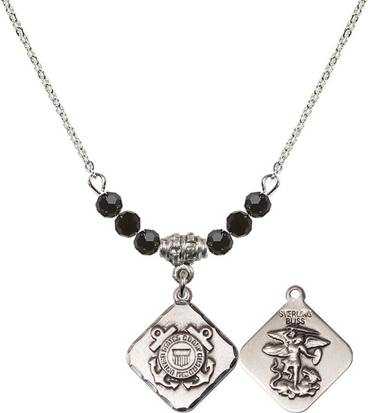 Sterling Silver Coast Guard Diamond Birthstone Necklace with Jet Beads - 1180