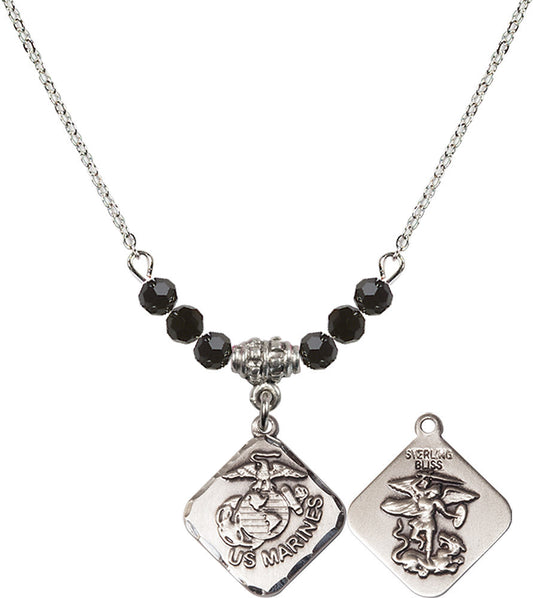 Sterling Silver Marines Diamond Birthstone Necklace with Jet Beads - 1180