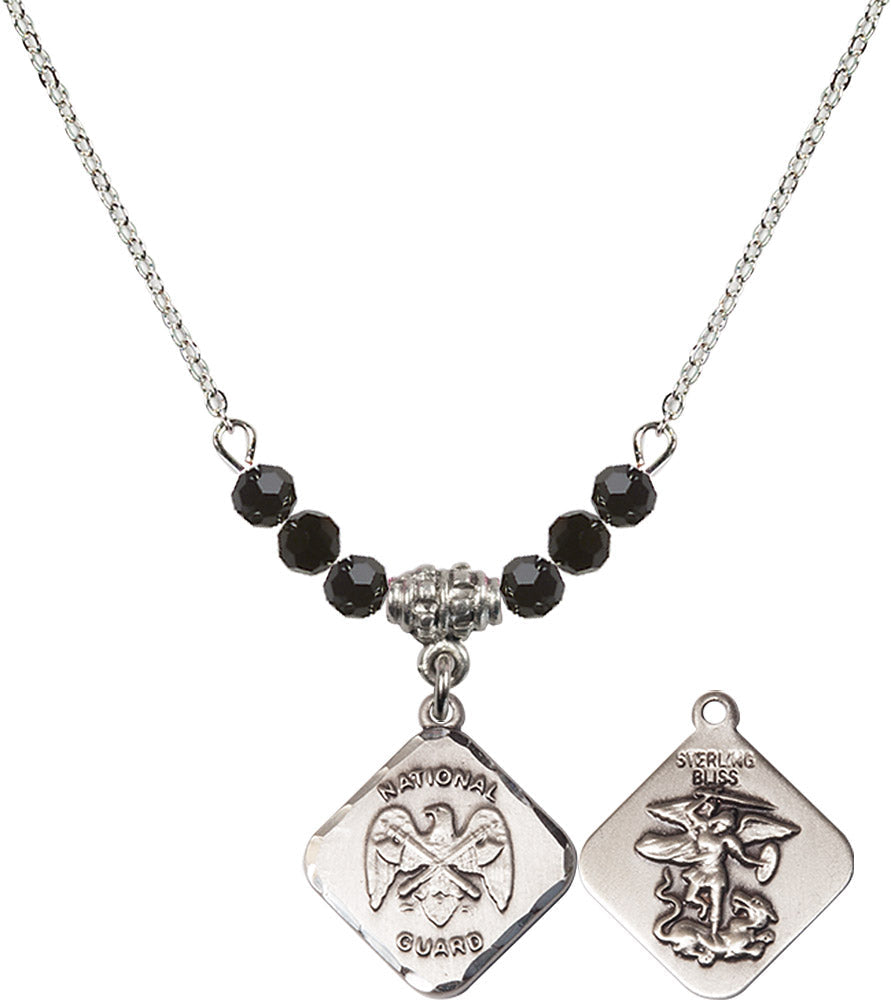 Sterling Silver Nat'l Guard Diamond Birthstone Necklace with Jet Beads - 1180