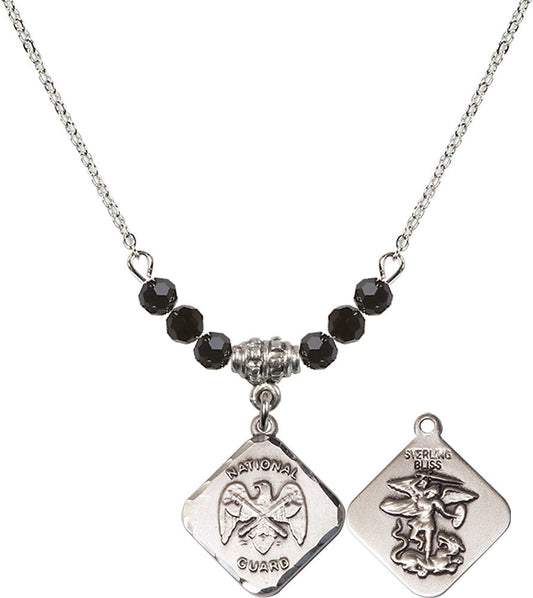 Sterling Silver Nat'l Guard Diamond Birthstone Necklace with Jet Beads - 1180