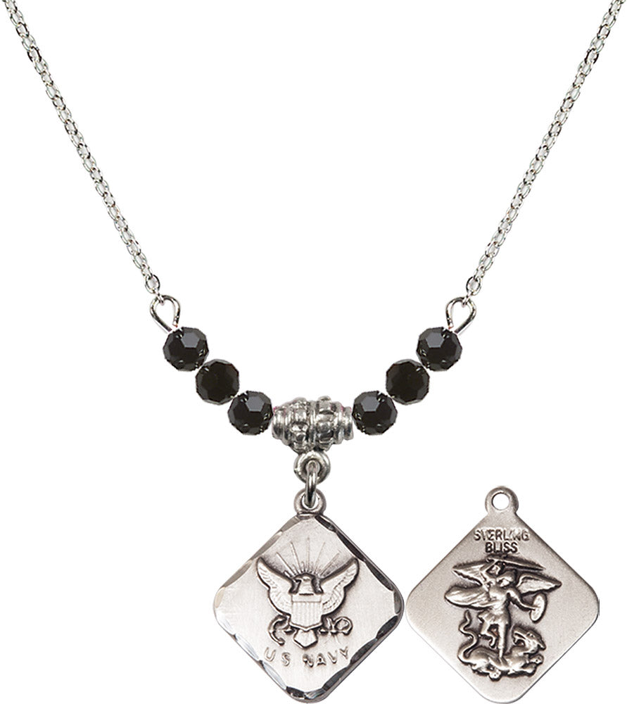Sterling Silver Navy Diamond Birthstone Necklace with Jet Beads - 1180