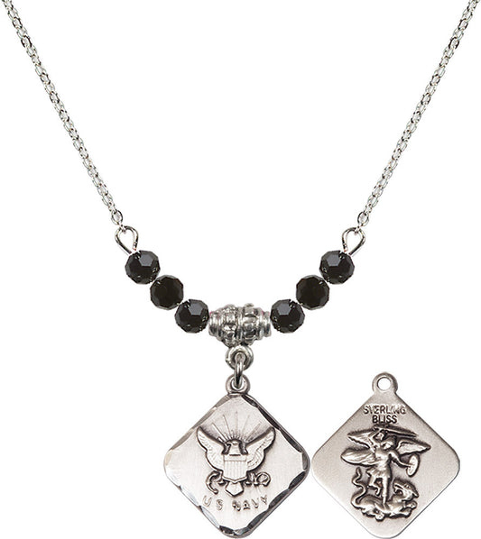 Sterling Silver Navy Diamond Birthstone Necklace with Jet Beads - 1180