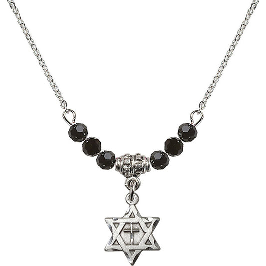 Sterling Silver Star of David w/ Cross Birthstone Necklace with Jet Beads - 1211